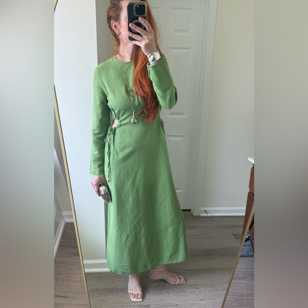 ZARA Linen Blend Cut Out Detail Apple Green Dress Bloggers Favorite Measurements